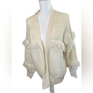 Aerie Cream Fringe Knit Cardigan Boho Open Front Cozy Sweater NWT Small